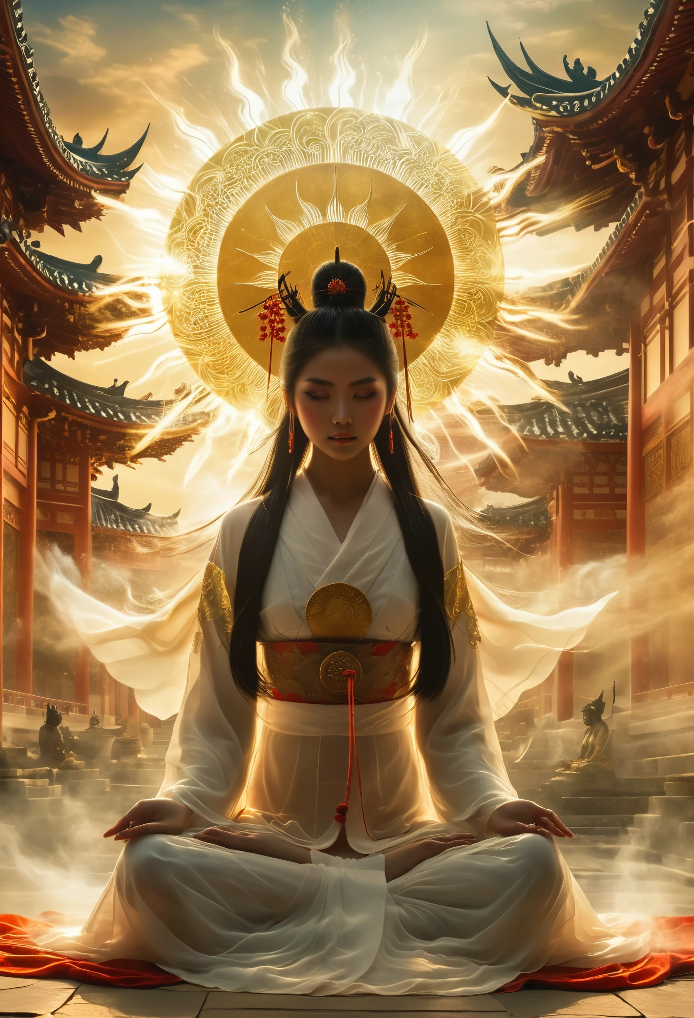  Photography of Amaterasu set against a grand palace backdrop, enveloped in a fantastical and dreamlike ambiance that merges Japanese myth with surreal and ethereal elements. The high-resolution photo captures the divine beauty of Amaterasu, the sun goddess, radiating a celestial glow against the backdrop of the mystical palace. The scene exudes a sense of magic and wonder, transporting viewers into a realm where mythology and imagination intertwine seamlessly, creating a visually captivating fusion of reality and the supernatural,xianxia