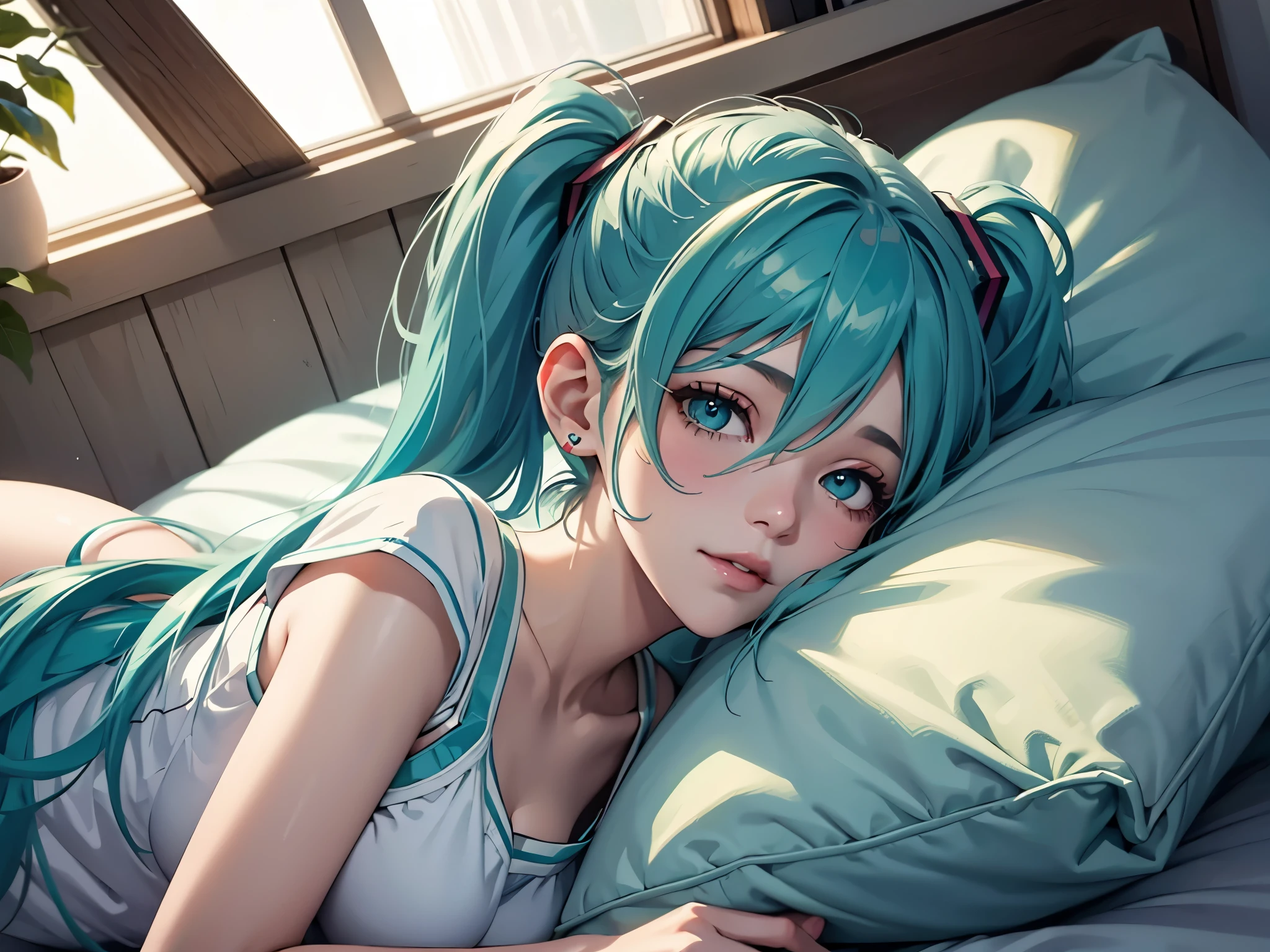 una mujer, pelo verde azul, Cola de caballo lateral, Ojos azul verdosos, Hatsune Miku, Permanent, Dormir en la cama, dormir en la almohada, Feliz, mirándote, perspectiva del novio, CG de alta calidad mientras ella duerme a tu lado, justo