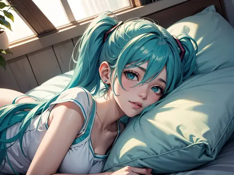 a girl, Blue green hair, Side ponytail, blue-green eyes, Hatsune Miku, Permanent, sleep in bed, sleep on pillow, Happy, Looking ...