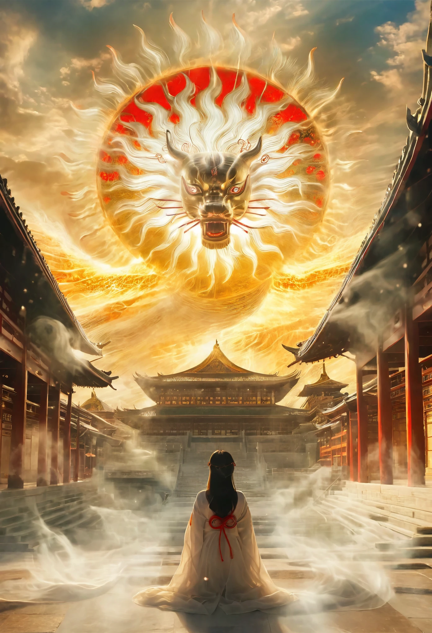  Photography of Amaterasu set against a grand palace backdrop, enveloped in a fantastical and dreamlike ambiance that merges Japanese myth with surreal and ethereal elements. The high-resolution photo captures the divine beauty of Amaterasu, the sun goddess, radiating a celestial glow against the backdrop of the mystical palace. The scene exudes a sense of magic and wonder, transporting viewers into a realm where mythology and imagination intertwine seamlessly, creating a visually captivating fusion of reality and the supernatural,xianxia