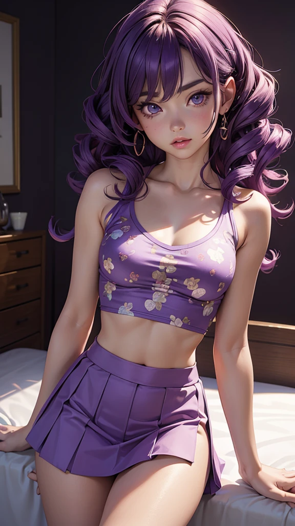 (masterpiece), (best quality), (detailed), light layer, 1solo girl, young girl, perfect body, purple hair in curls, defined large chest, small waist,defined collarbone, ultra realistic, photorealistic, detailed, ,Enhance, wearing a anime shirt and mini skirt, bedroom background, back tturned