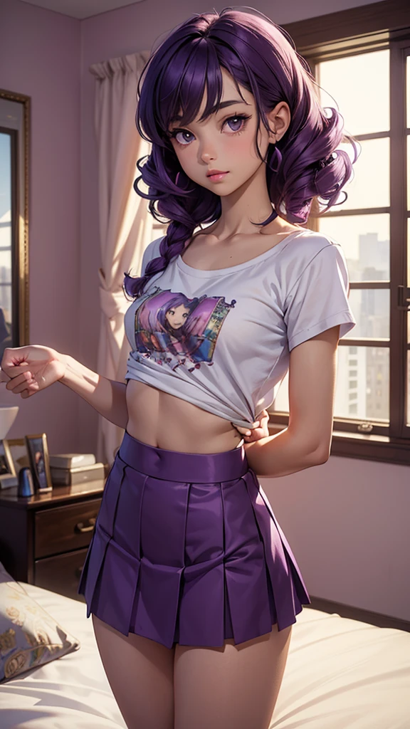 (masterpiece), (best quality), (detailed), light layer, 1solo girl, young girl, perfect body, purple hair in curls, defined large chest, small waist,defined collarbone, ultra realistic, photorealistic, detailed, ,Enhance, wearing a anime shirt and mini skirt, bedroom background, back turned, hands on bed, leaning forward toward bed