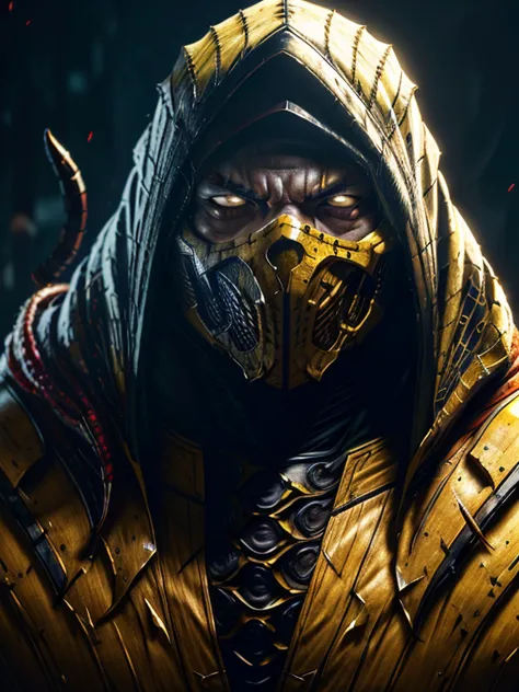 a portrait, scorpion from mortal kombat, detailed white eyes, bladk anc yellow armor, hood, veins on his arm, intricate, high de...