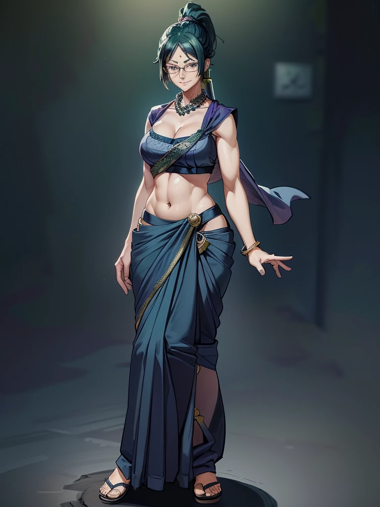 （8k, RAW photos, minino：1.1） ，female，（looki at viewer company），cowboy lens，Japanese，maki zenin / (jujutsu kaisen\），（fullbody saree：1.1），La Brett Piercing，cleavage，(((navy blue saree)))，seductive smile，Be red on the face, full body photo, standing, lean, muscular legs, muscular belly, long hair, green hair, eyes, high ponytail, glasses, medium breasts, (no bindi) Professional lighting、photon mapping、physics-based rendering、dark theme，wearing wifs, jewellery and necklace, alone, extreme high quality, legs covering saree