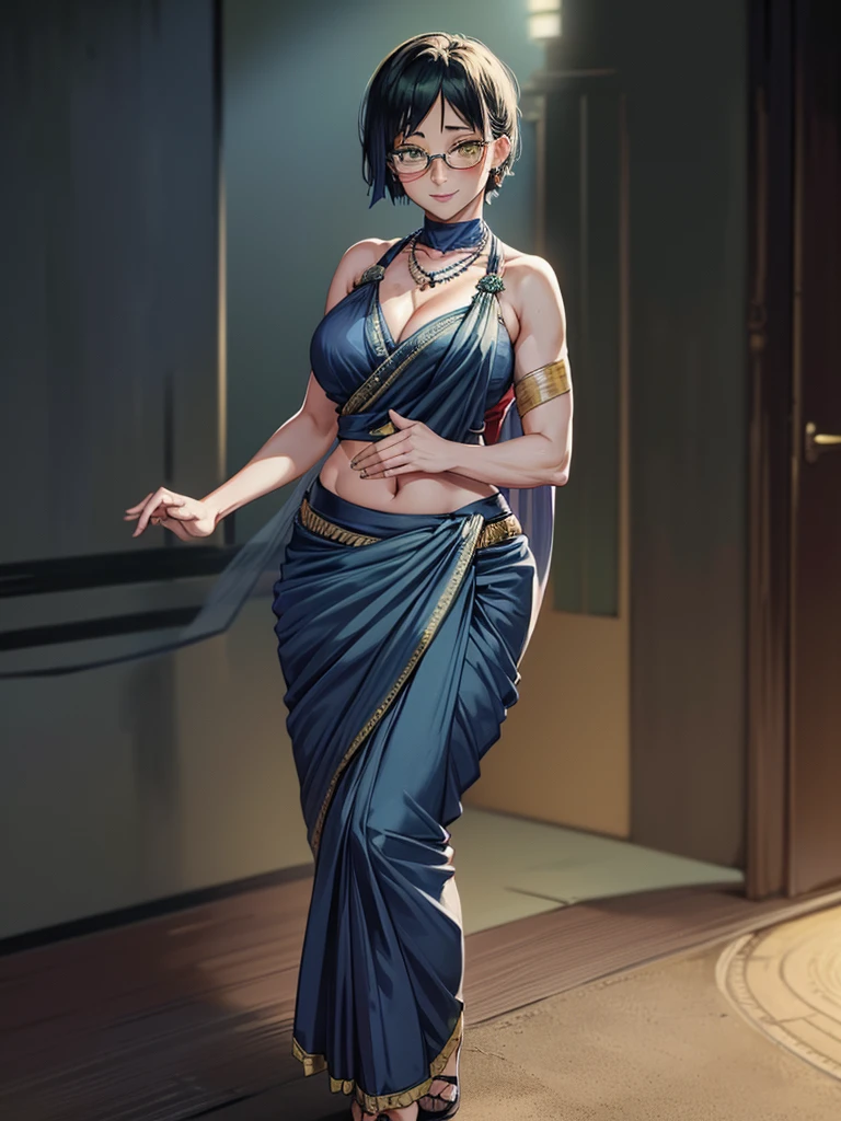 （8k, RAW photos, minino：1.1） ，female，（looki at viewer company），cowboy lens，Japanese，maki zenin / (jujutsu kaisen\），（fullbody saree：1.1），La Brett Piercing，cleavage，(((navy blue saree)))，seductive smile，Be red on the face, full body photo, standing, lean, muscular legs, muscular belly, short hair, green hair, yellow eyes, glasses, scar face, medium breasts, (no bindi) Professional lighting、photon mapping、physics-based rendering、dark theme，wearing wifs, jewellery and necklace, alone, extreme high quality, legs covering saree