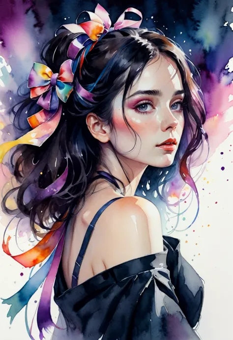 (8k, best quality, masterpiece:1.2),(best quality:1.0), (ultra highres:1.0), watercolor, a beautiful woman, shoulder, dark hair,...