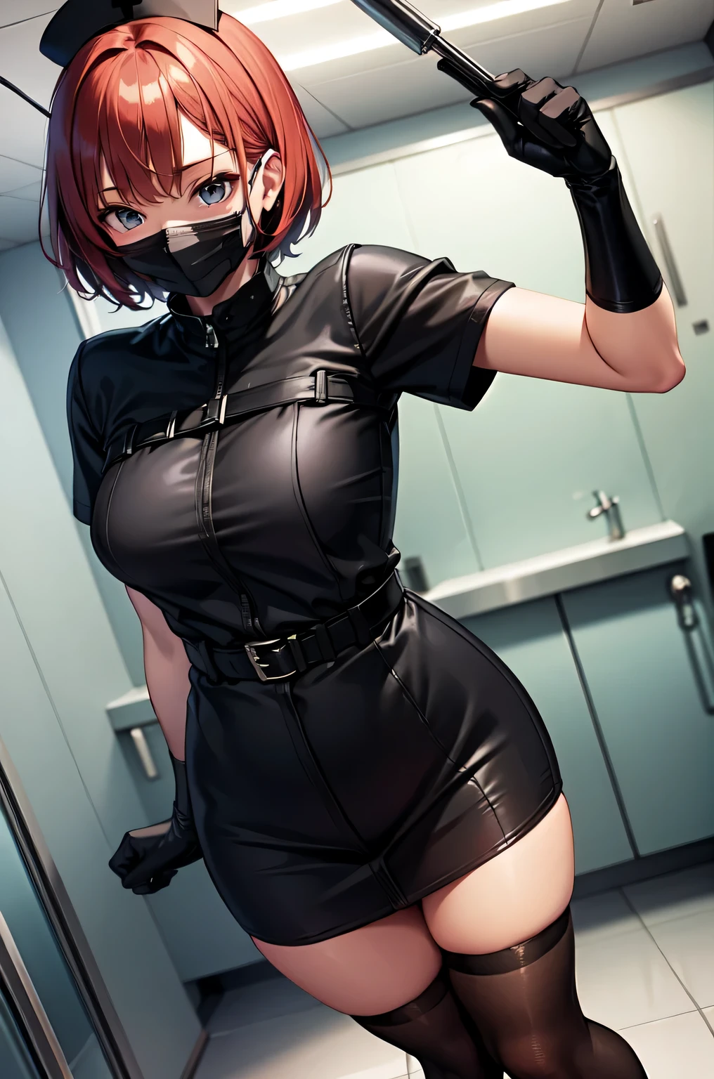 black nurse, 1girl, solo, black nurse cap, black nurse uniform, ((black legwear, zettai ryouiki)), black elbow gloves, very short hair, orange hair, ((black surgical mask, covered nose)), standing, ((surgery room)), sharp outline, short sleeves, tomboy, boyish, best quality, masterpiece