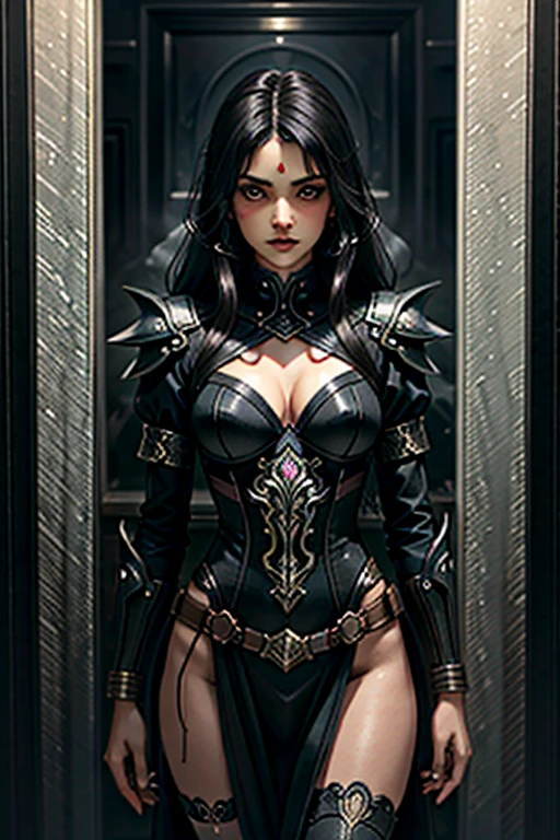 An indian woman, most sexy indian woman, shadow assassin, spectral form, drawing her blade weapon from the sheath, hiding in a dark corner, waiting for her prey, her lowerbody is vanishing into dark mist, oil painting style, detailed eyes and lips, ethereal beauty, flowing black hair, intricate patterns and vibrant colors, exotic backdrop, moonlit night, dramatic lighting, mysterious atmosphere, high tension atmosphere, dark mood, intense shadows, high contrast, vivid colors, masterful brushstrokes, hauntingly beautiful, realism, high resolution, 4K quality, HDR, atmospheric lighting, immersive artwork, captivating composition, dynamic pose, suspenseful narrative, cinematic feel.