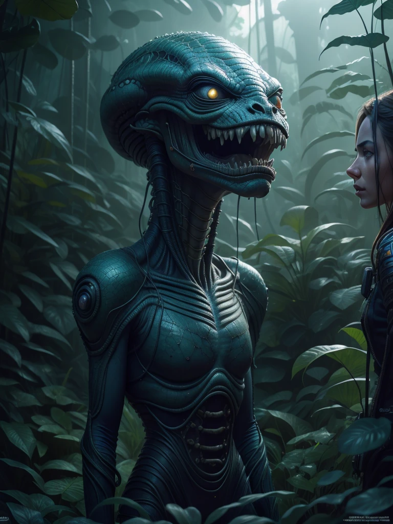 "An alien guest meets a man" in a jungle environment,  Highly detailed, Extremely detailed, delicate detail, crisp quality, ultra realistis, A hyper-realistic, surrealism, Dark art, Cinematic,  thousand., A still from Steven Spielberg's epic film, sharp-focus, Smoke, ArtStation Hyperrealism Painting Concept Art Detailed Character Design,