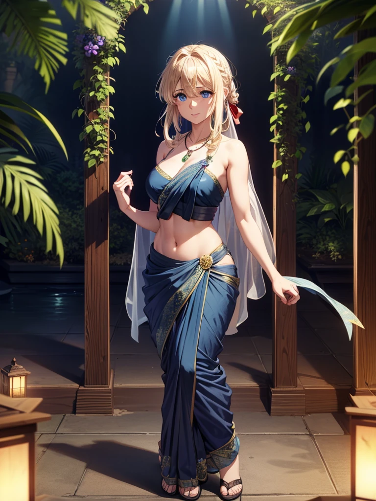 （8k, RAW photos, minino：1.1） ，female，（looki at viewer company），cowboy lens，Japanese，violet evergarden / (violet evergarden\），（fullbody saree：1.1），La Brett Piercing，cleavage，(((navy blue saree)))，seductive smile，Be red on the face, full body photo, standing, lean, muscular legs, muscular belly, long hair, blonde hair, eyes, braided hair, red ribbon, brooch, medium breasts, (no bindi) Professional lighting、photon mapping、physics-based rendering、dark theme，wearing wifs, jewellery and necklace, alone, extreme high quality, legs covering saree