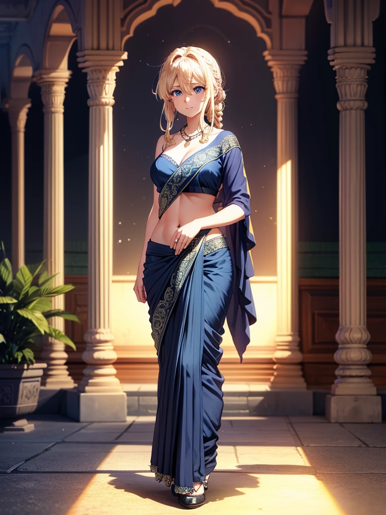 （8k, RAW photos, minino：1.1） ，female，（looki at viewer company），cowboy lens，Japanese，violet evergarden / (violet evergarden\），（fullbody saree：1.1），La Brett Piercing，cleavage，(((navy blue saree)))，seductive smile，Be red on the face, full body photo, standing, lean, muscular legs, muscular belly, long hair, blonde hair, eyes, braided hair, red ribbon, brooch, medium breasts, (no bindi) Professional lighting、photon mapping、physics-based rendering、dark theme，wearing wifs, jewellery and necklace, alone, extreme high quality, legs covering saree