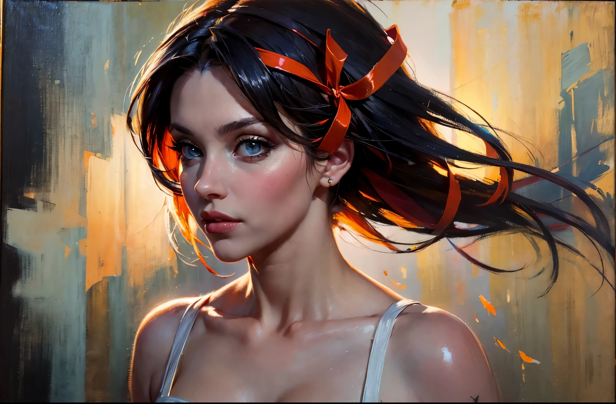 (8k, best quality, masterpiece:1.2),(best quality:1.0), (ultra highres:1.0), oil painting, a beautiful woman, shoulder, dark hair, hair ribbons, by smeglejj, half body portrait, extremely luminous bright design, pastel colors, (ink:1.3), autumn lights,