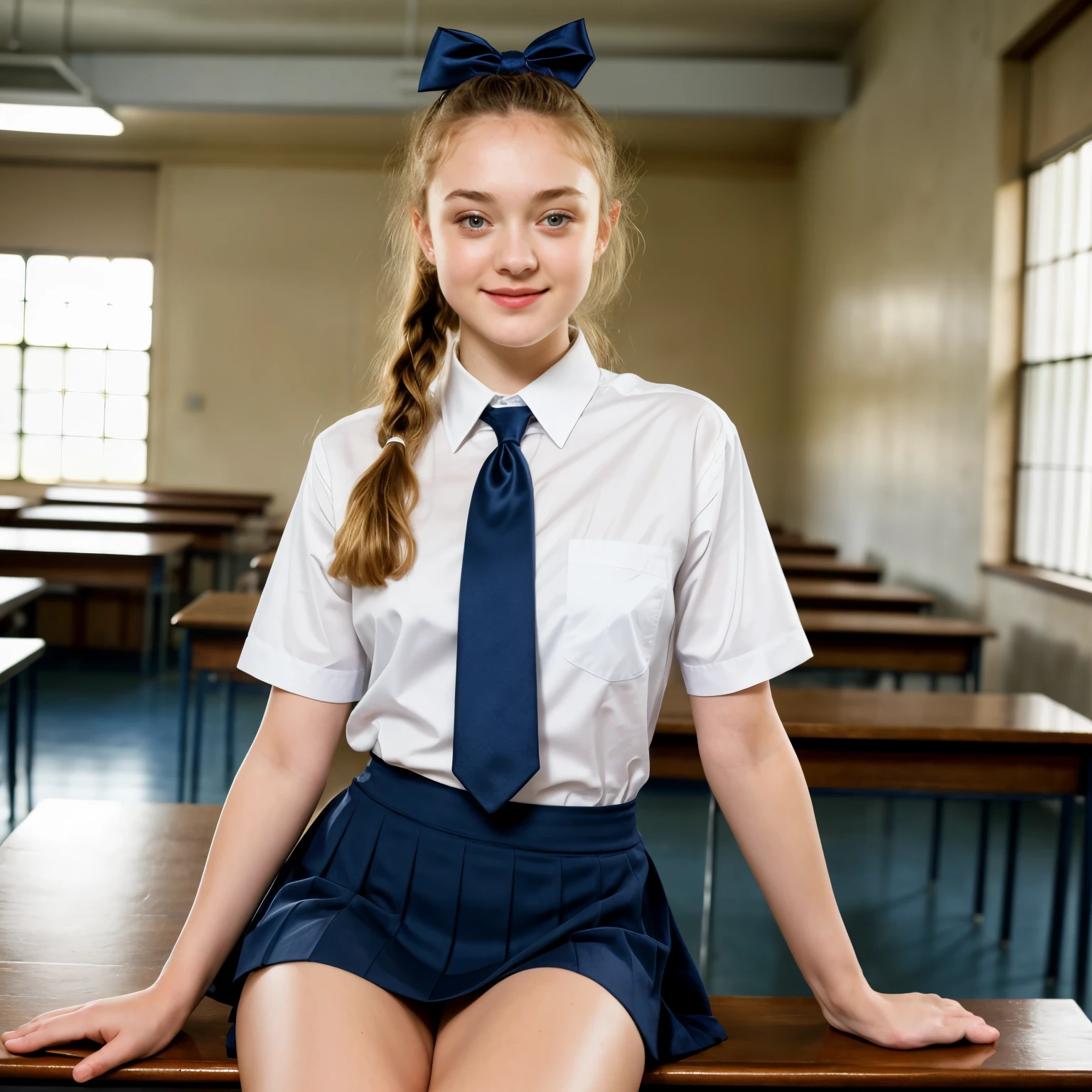 There Is A Young Girl Sitting On A Desk In A Classroom Seaart Ai