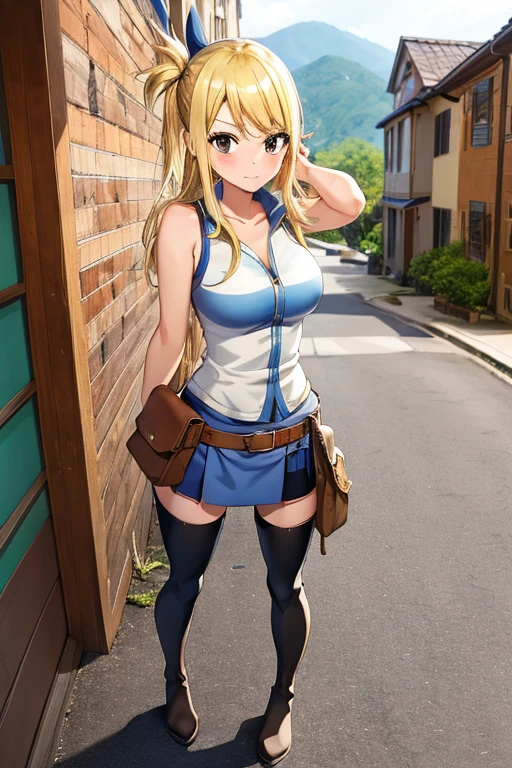 (masterpiece, best quality:1.2), solo, 1girl, lucy heartfilia, blushing, looking at viewer, arms behind back, blue sleeveless shirt, miniskirt, belt pouch, thigh boots, ((standing 1.3))