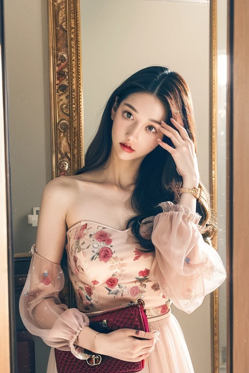 Burgundy long hair、GUCCI clutch bag、No watch、Gold Rings、Coral pink lip、Selfie in front of the mirror、Center of gravity on the hips、Blue floral bustier、Organza long sleeves、(((Accurate hands、Accurate Face)))