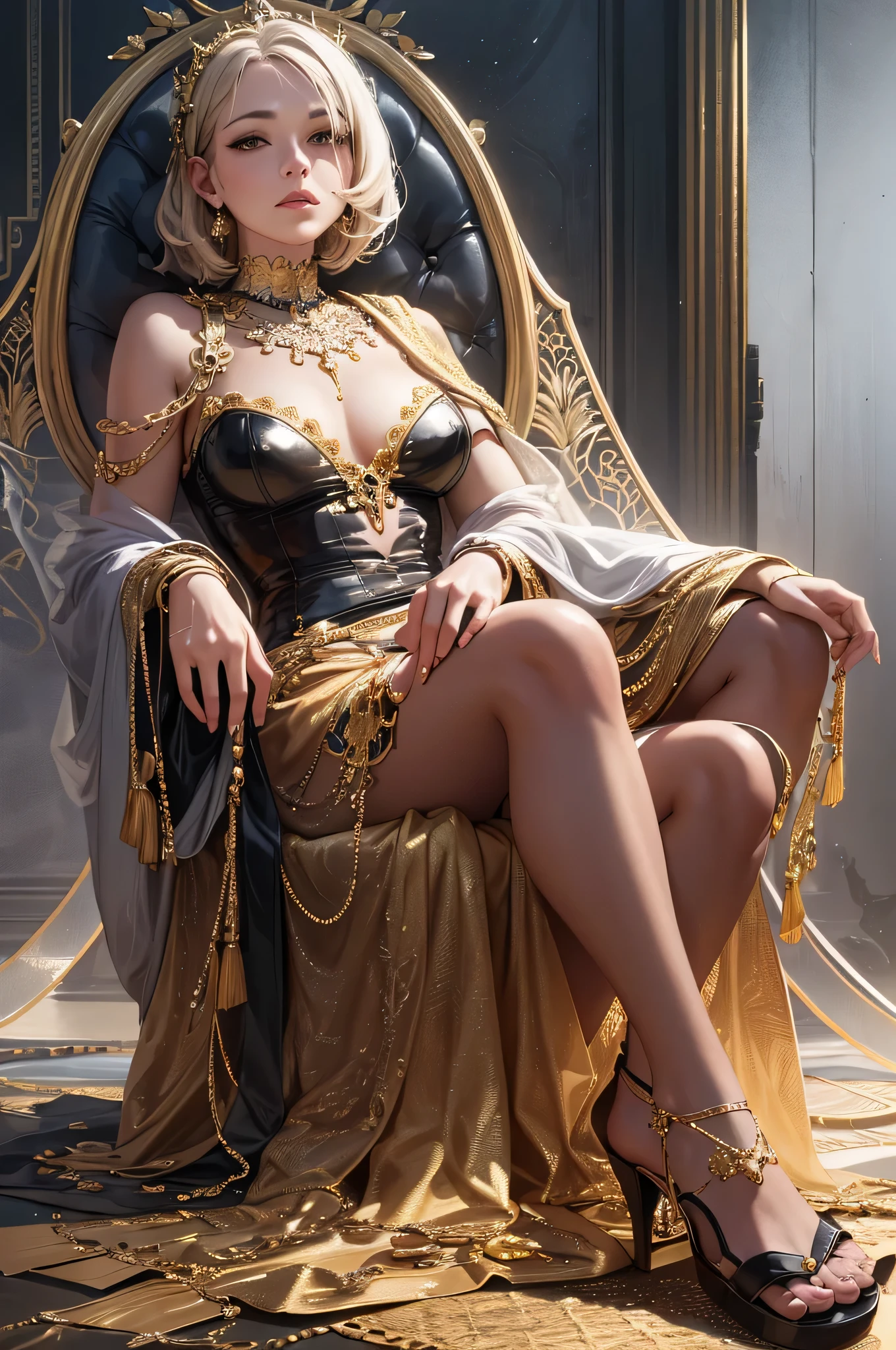 full body shot, masterpiece, best quality, (photorealistic:1.4), a photo of a beautiful blonde woman, wearing gold alienzkin clothing, gold alienzkin crown, futuristic throne, 