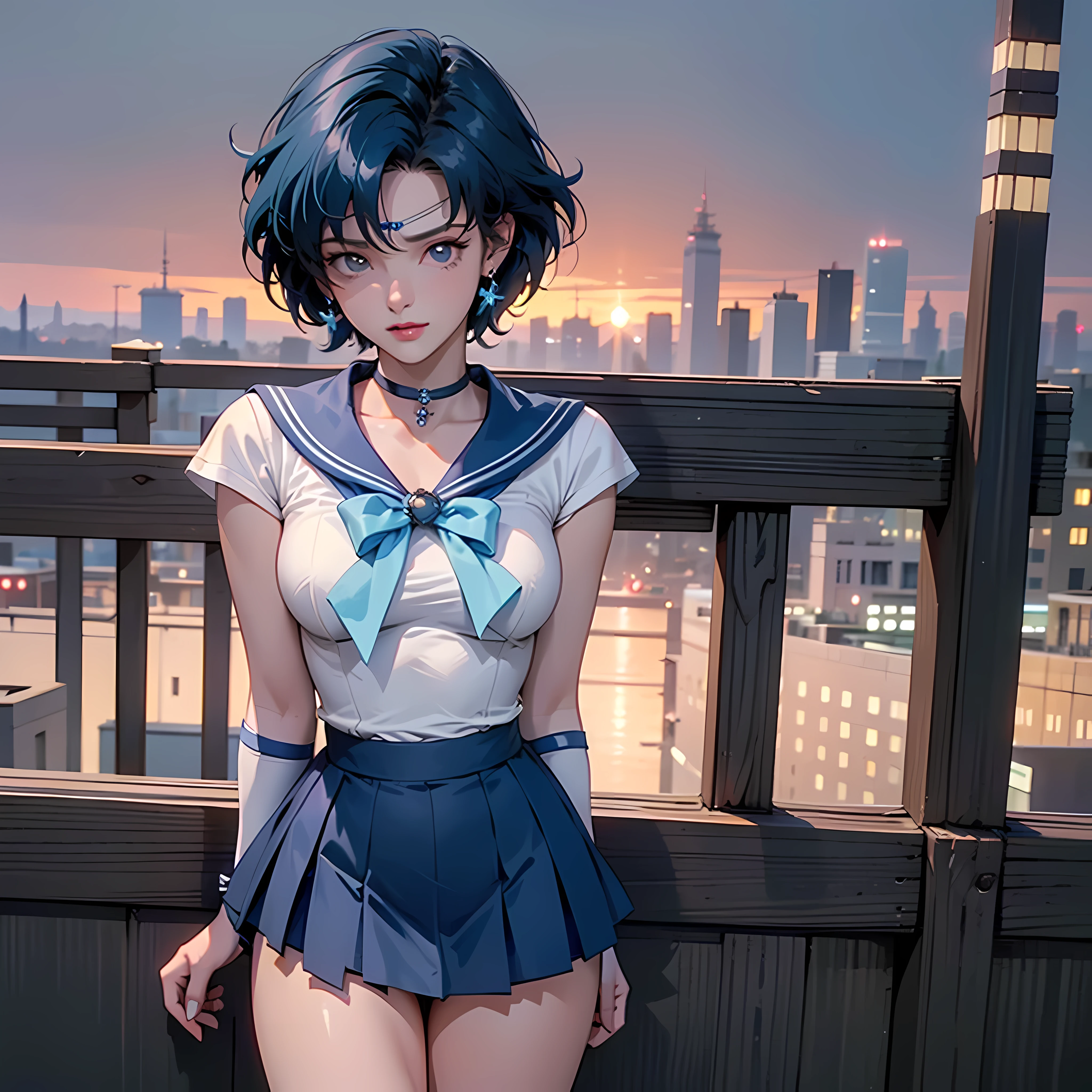 ((4k)), ((masterpiece)), (best quality:1.2), ((ultra detailed)), (japan city background)), ((cinematic lighting)), depth of field, (dynamic angle), (1 girl), (((solo))), AmiMizuno, (sailor mercury, neck ribbon, blue hair, short hair, circlet, jewelry, crescent earrings), skirt, (medium breast), slim, small butt, bottomless, ((cleft of venus, clitoris, pussy)), random pose