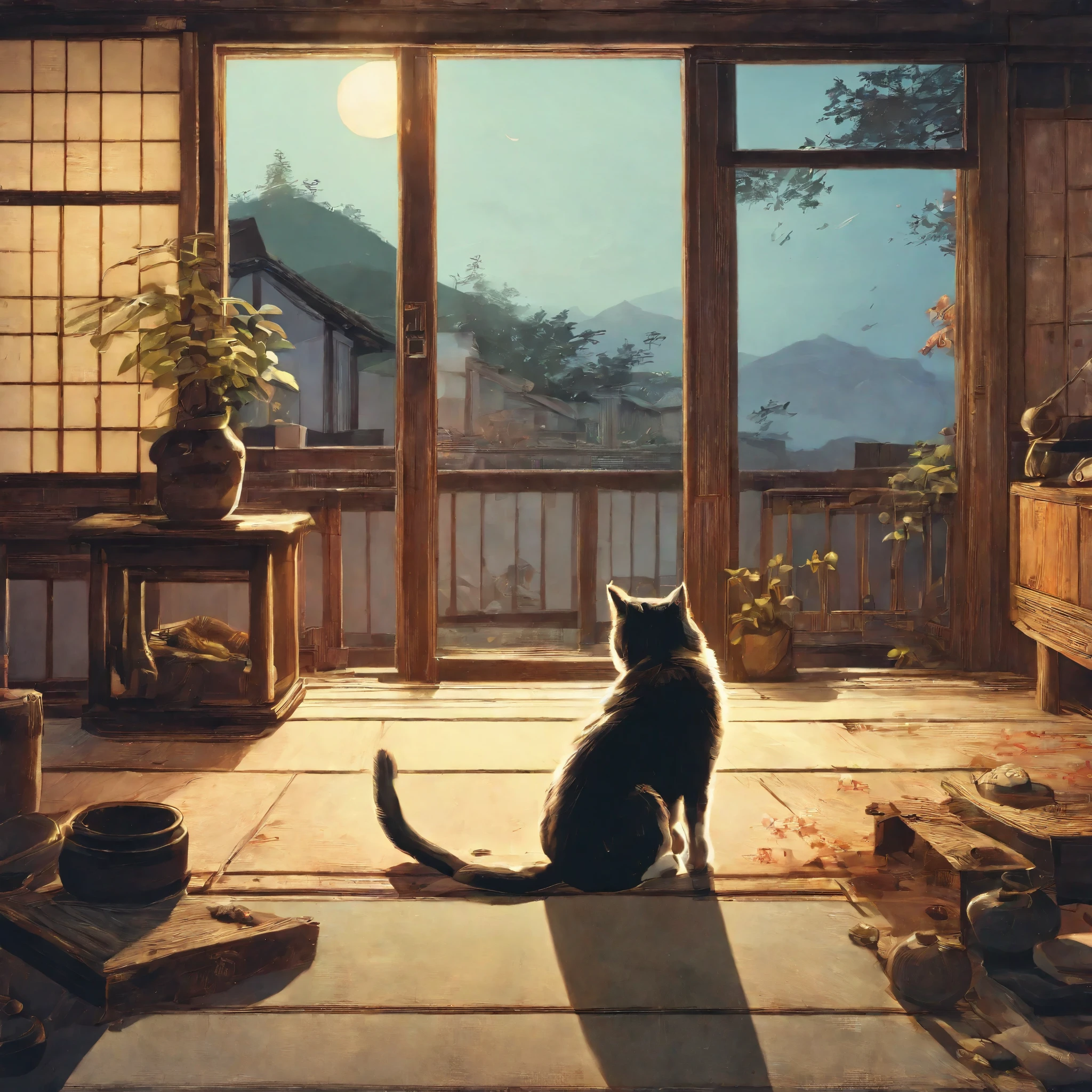highres, absurdres, detailed background, cat, dog, night, japanese house, deteriorated furniture, windows, moonlight, good lighting, cinematic shadow,
