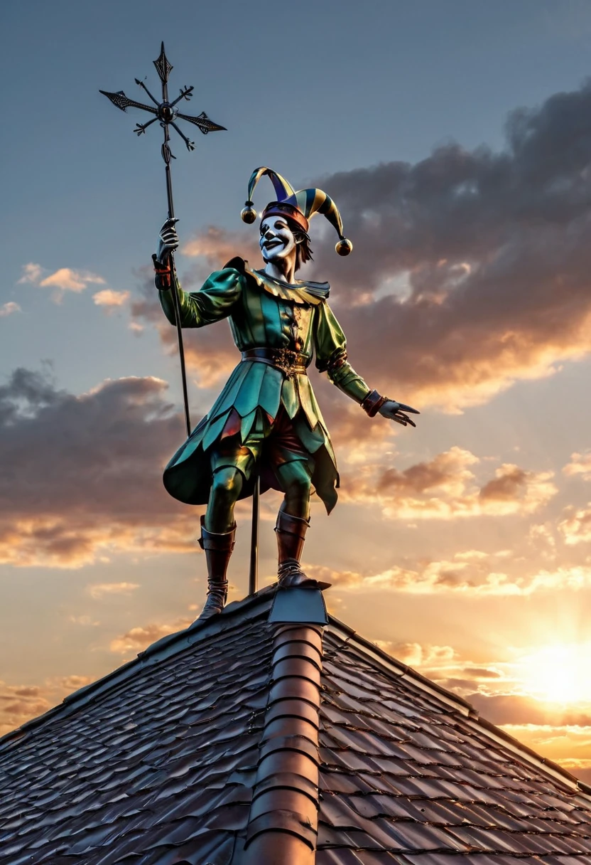 A metal weather vane in the form of a jester, on the roof of Stockholm. 35 avards photos won. Clouds of bizarre shapes. The rays of the sun from the clouds.. High Resolution, High Quality, Masterpiece, ultra hd, realistic, vivid colors, highly detailed, UHD drawing, pen and ink, perfect composition, beautiful detailed intricate insanely detailed octane render trending on artstation, 8k artistic photography, photorealistic concept art, soft natural volumetric cinematic perfect light,digital rendering. sharp focus, studio photo, intricate details, highly detailed