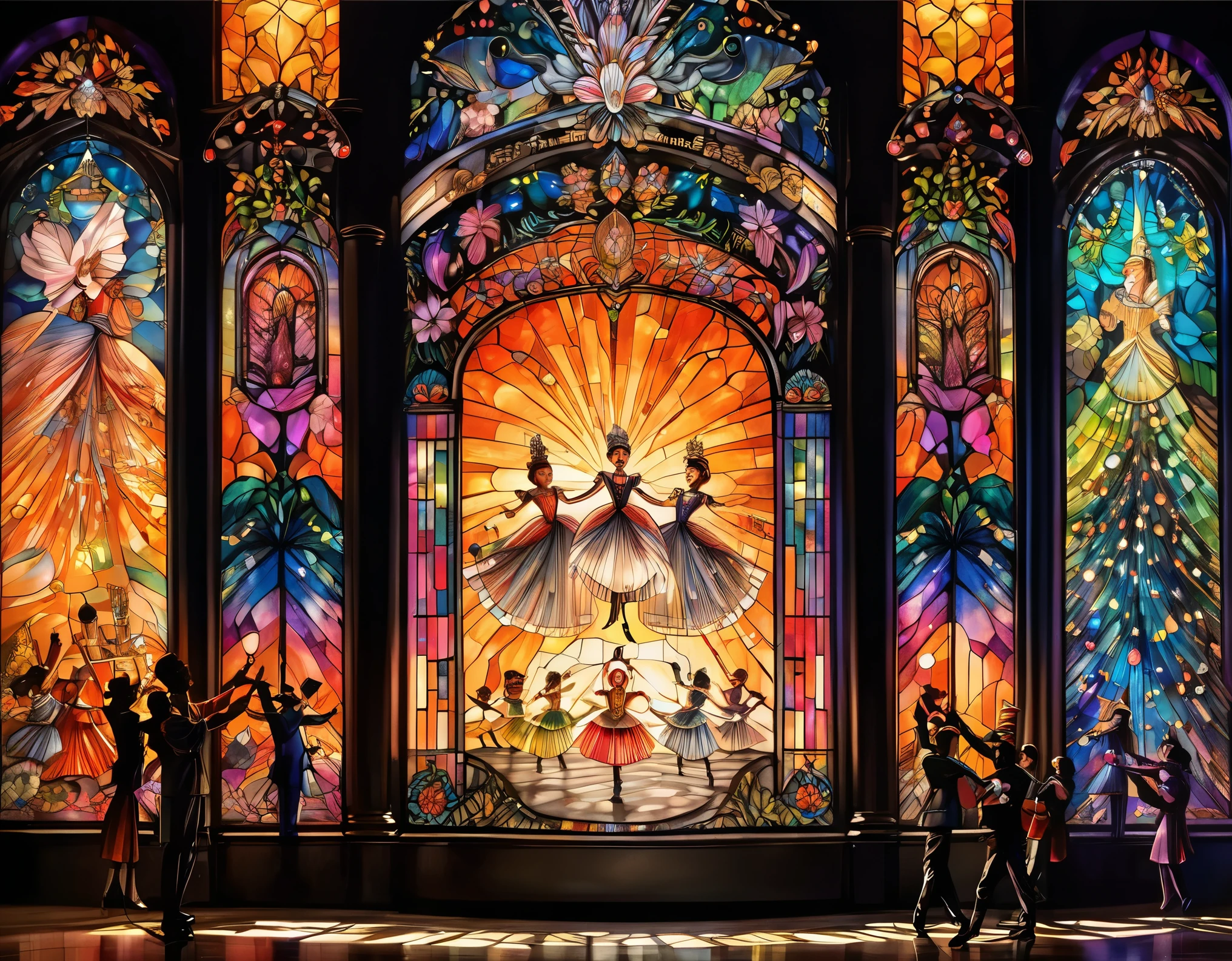 best quality, super fine, 16k, incredibly absurdres, extremely detailed, dramatic drawing of the Nutcracker, the characters are monochrome black shadow puppets, the background is iridescent colorful jewels and stained glass, orange-tinged lighting