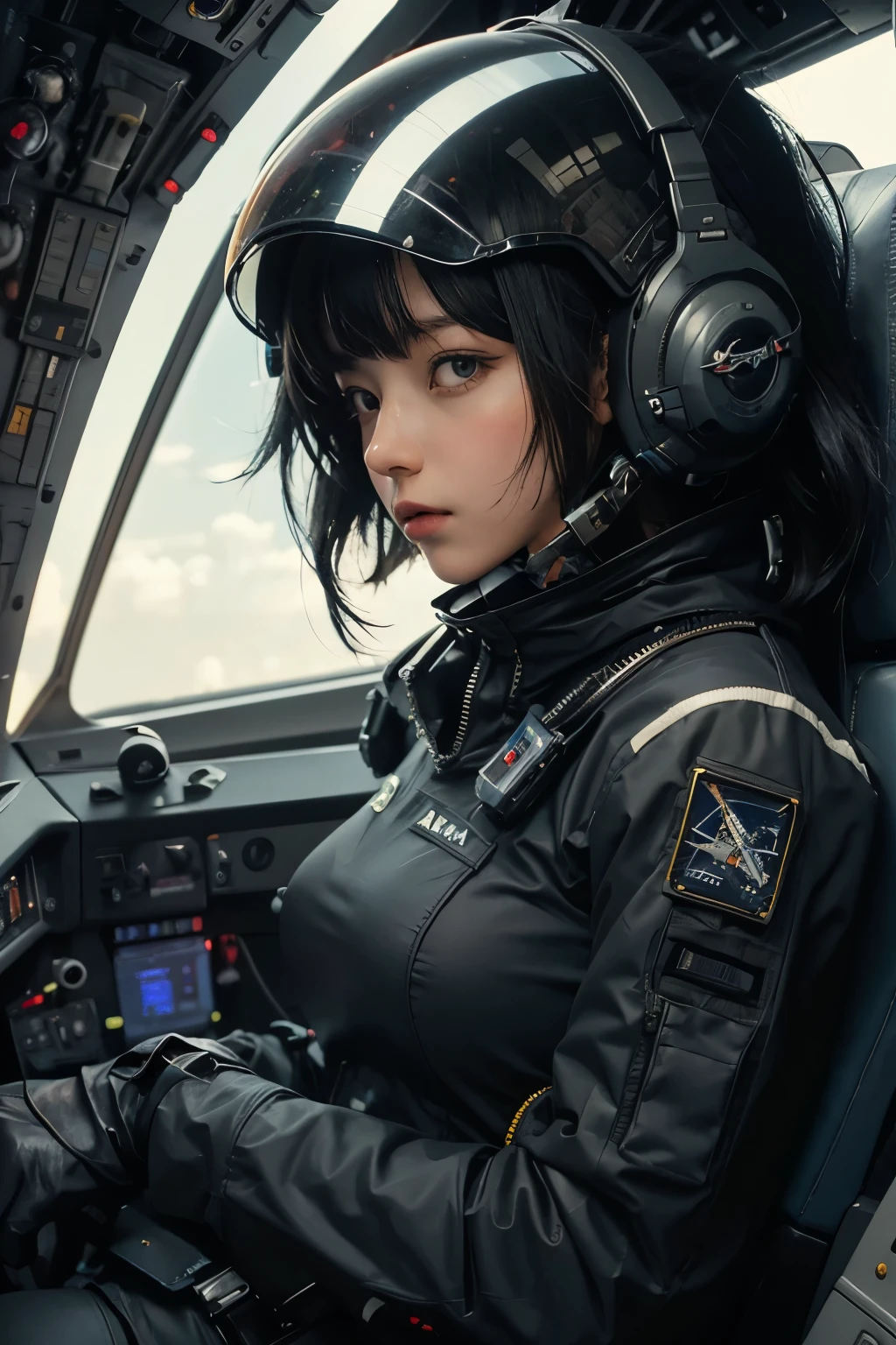 Anime-Mädchen in einem Raumanzug, das im Cockpit eines Flugzeugs sitzt, ArtJam jsc, Porträt Anime Astronaut Mädchen, Pilotin, alena aenami and ArtJam, Science-Fiction-Pilot, detaillierte Sci-Fi-Kunst, Chris Moore. ArtJam, Cyberpunk-Mädchen mit pechschwarzem Haar, Vojtek Fuss, Lostrun 8k