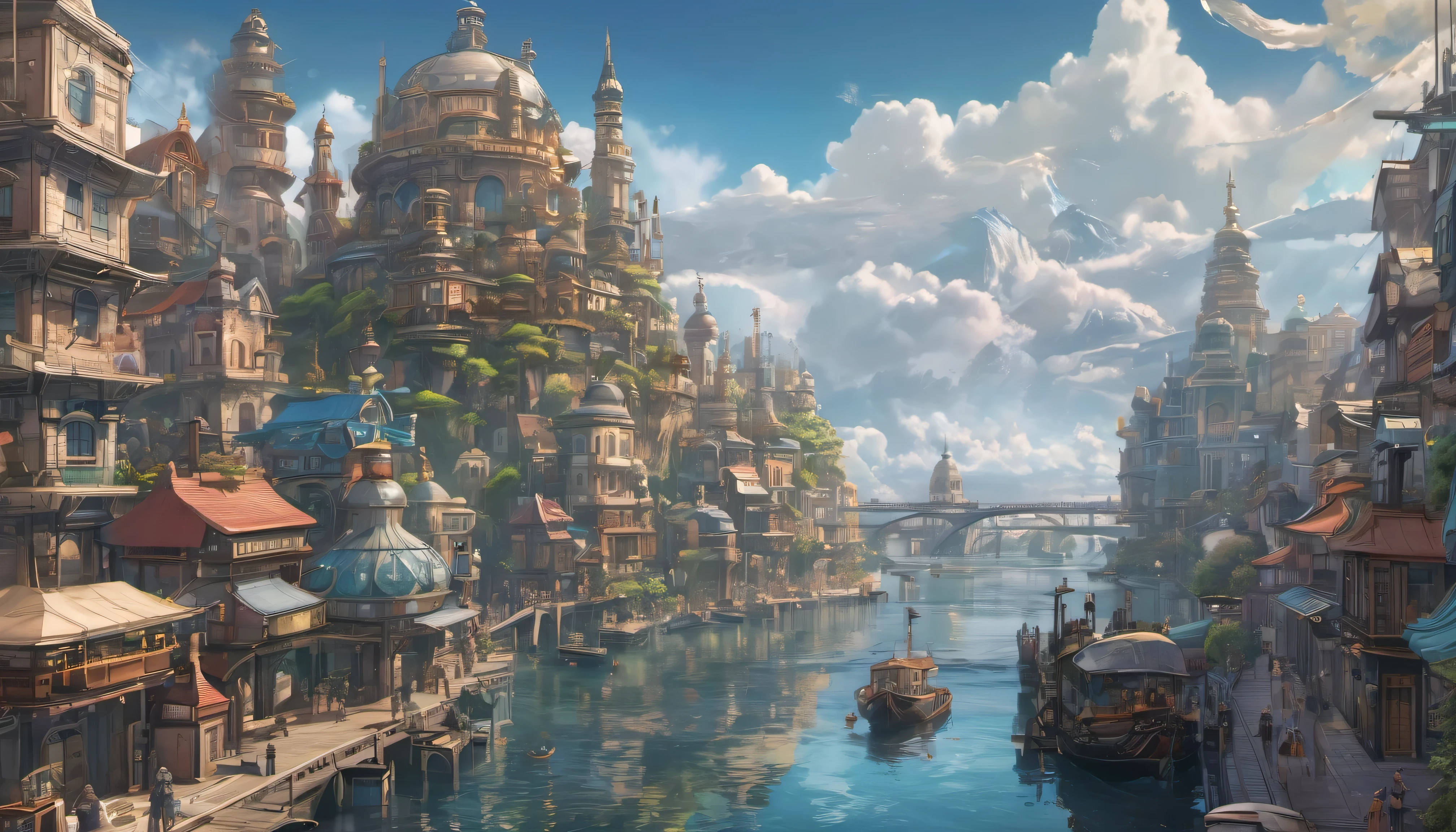 (masterpiece), ((best quality)), extremely delicate and beautiful, illustration, (fantasy landscape), Super details, high detail, 8K, Miyazaki style, A steampunk-style city floating in the sky, Clouds and diverse architecture, Exuding mystery and technology--v 6