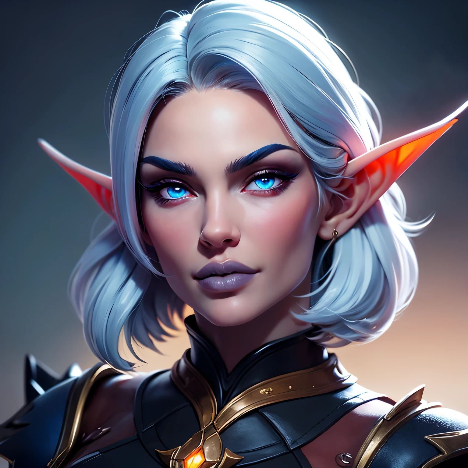 beautiful portait of night_elf female in her 20s with fit body , perfect face feature ,(pale blueish skin:1.5) (blunt bob hair), (silver hair color), (blue eyes color), thick kissable lips , thin nose ,pointy ears, (shenelf)