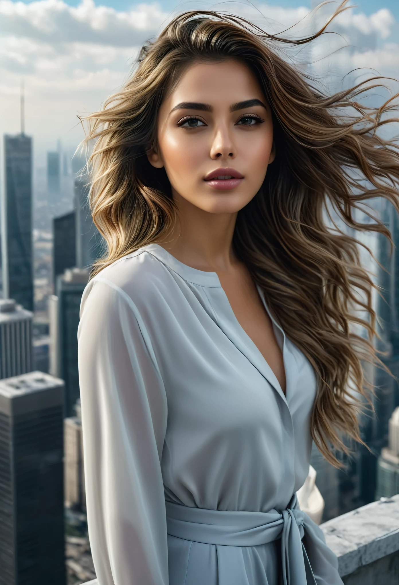 (best quality,4k,highres:1.2),ultra-detailed,(photorealistic:1.37),a beautiful girl standing on a rooftop of a skyscraper building, perfect face, detailed face, Panoramic view,cityscape,windy day,flowing hair,dressed in a stylish outfit,