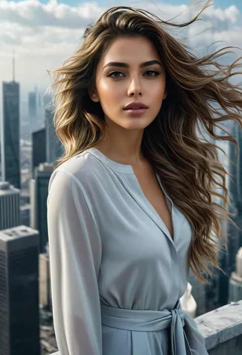 (best quality,4k,highres:1.2),ultra-detailed,(photorealistic:1.37),a beautiful girl standing on a rooftop of a skyscraper buildi...