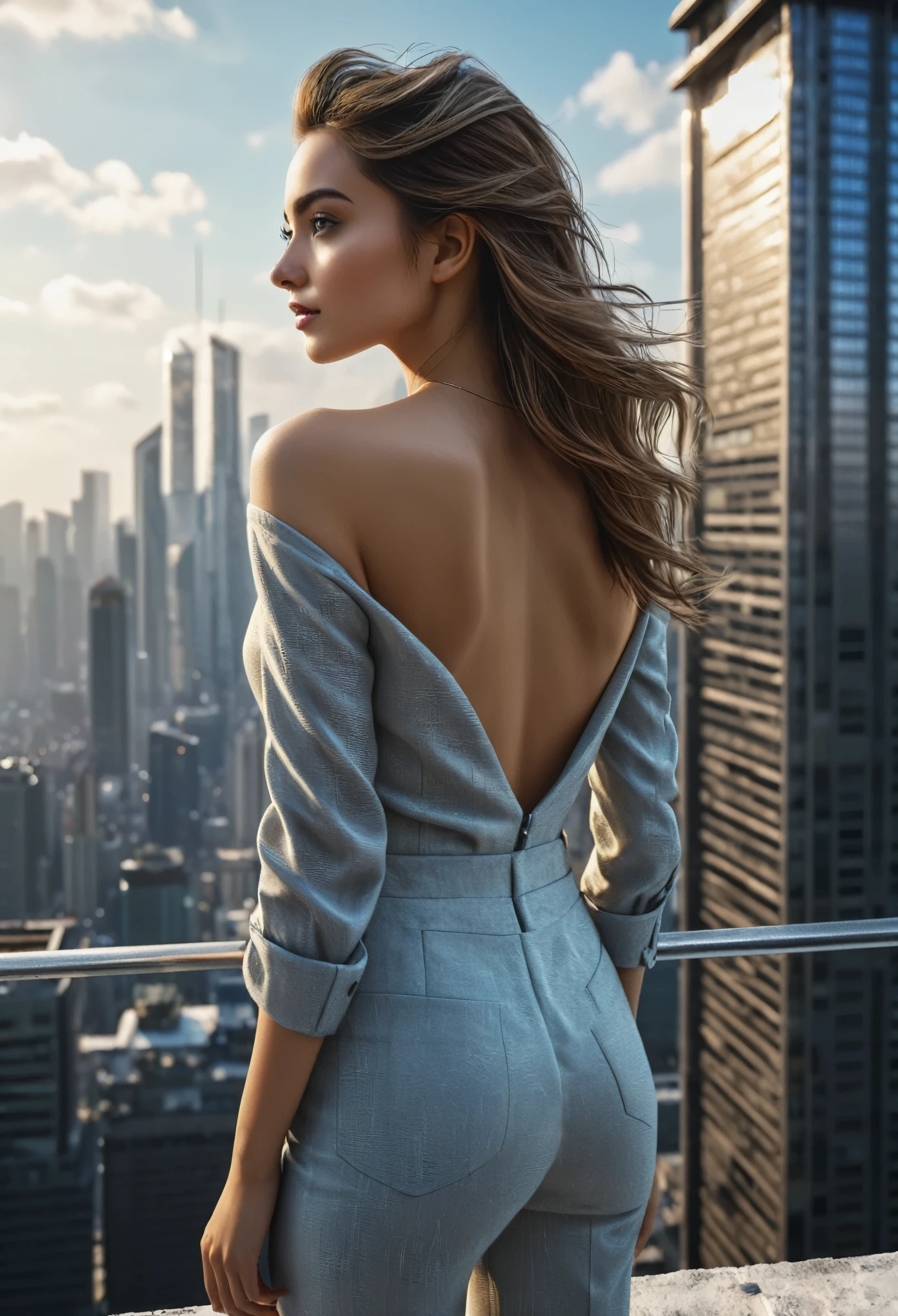 (最高品質,4K,高解像度:1.2),超詳細,(写実的な:1.37),高層ビルの屋上に立つ美しい少女, 後ろ姿, 
