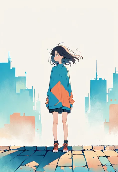 (Person Standing on the Rooftop:1.3)，Girl on the rooftop，Simple lines，Minimalism，Abstract Art，City background