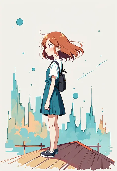 (Standing on the rooftop with railings:1.3)，Girl with backpack on rooftop，Simple lines，Minimalism，Abstract Art，City background