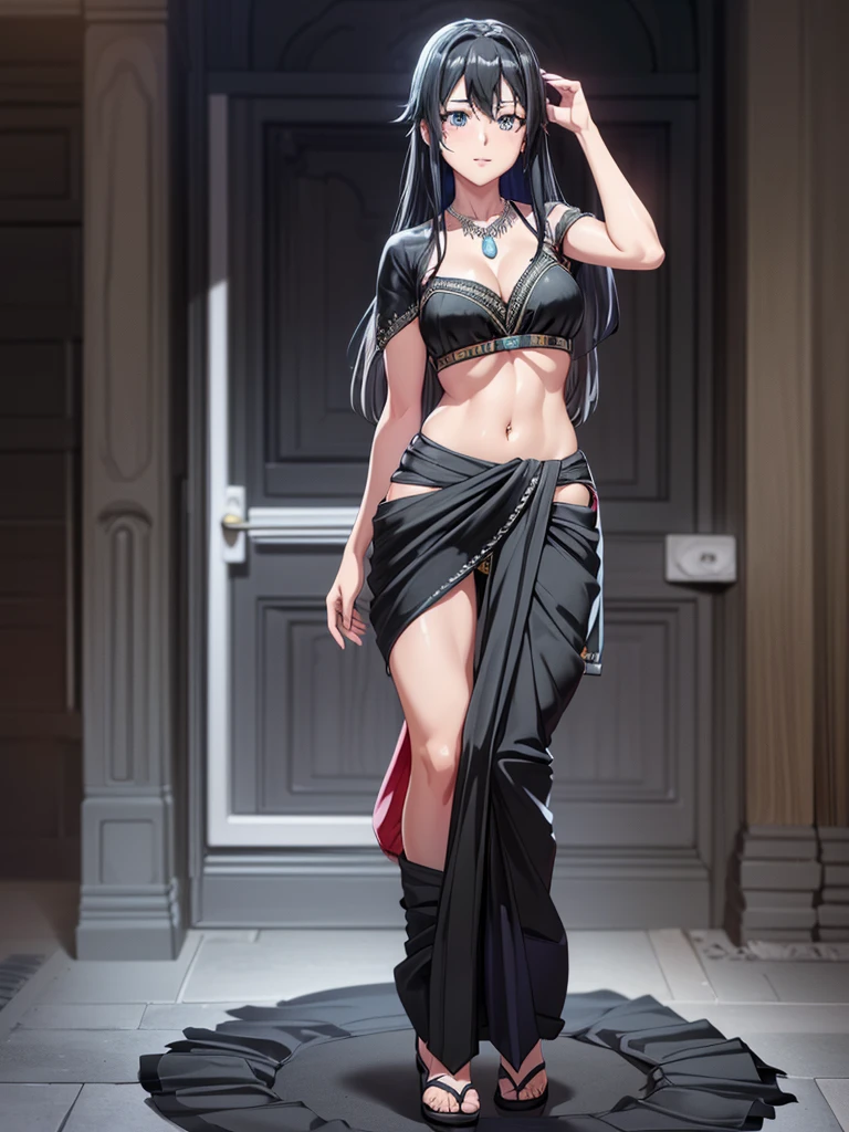 （8k, RAW photos, minino：1.1） ，female，（looki at viewer company），cowboy lens，Japanese，yukino yukinoshita / (oregairu\），（fullbody saree：1.1），La Brett Piercing，cleavage，(((black saree)))，seductive smile，Be red on the face, full body photo, standing, lean, muscular legs, muscular belly, long hair, black hair, blue eyes, open hair, medium breasts, (no bindi) Professional lighting、photon mapping、physics-based rendering、dark theme，wearing wifs, jewellery and necklace, alone, extreme high quality, legs covering saree, sandel