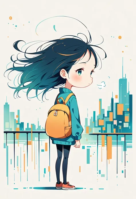 (Standing on the rooftop with railings:1.3)，Girl with backpack on rooftop，Simple lines，Minimalism，Abstract Art，City background