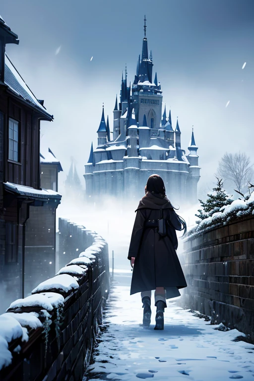 Highest quality、masterpiece、8k、Europe、In the snow、A road to a castle、(((Europeの大きな城)))、(((Fantastic landscape)))、Snow is falling、A young woman heading towards the castle、Back view、French、so beautiful、very detailed face、22 years old、Snow is piled up all over the place、((The snow on the road is deep))、The woman is carrying a large brown bag、middle agesの服、long black coat、middle ages、(((There&#39;s a fog all around)))、evening、The castle lights come on