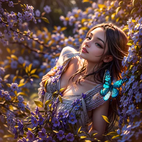 1 girl, transparent water, blue butterfly, pure white gauze skirt, sparkling, autumn leaves, gentle breeze, golden sunlight, rus...