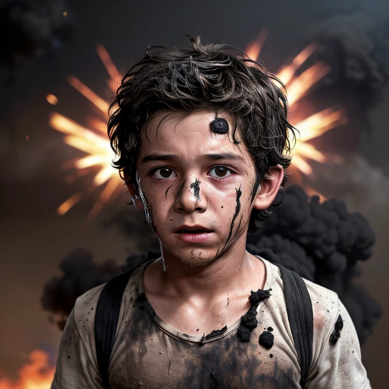 A boy actor is caught in an explosion and is covered in soot and in tatters.