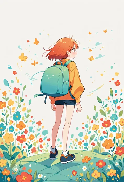 Standing on the rooftop，Girl with backpack on rooftop，The backpack is filled with happy spring，Simple lines，Minimalism，Abstract Art，City background