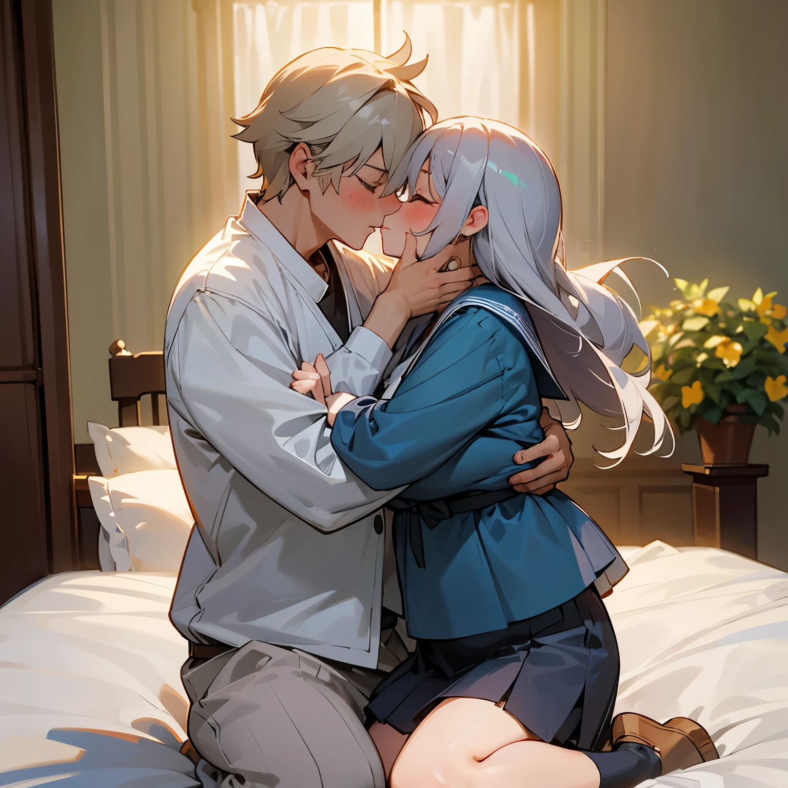 Anime couple kissing on bed with sunlight streaming through window - SeaArt  AI