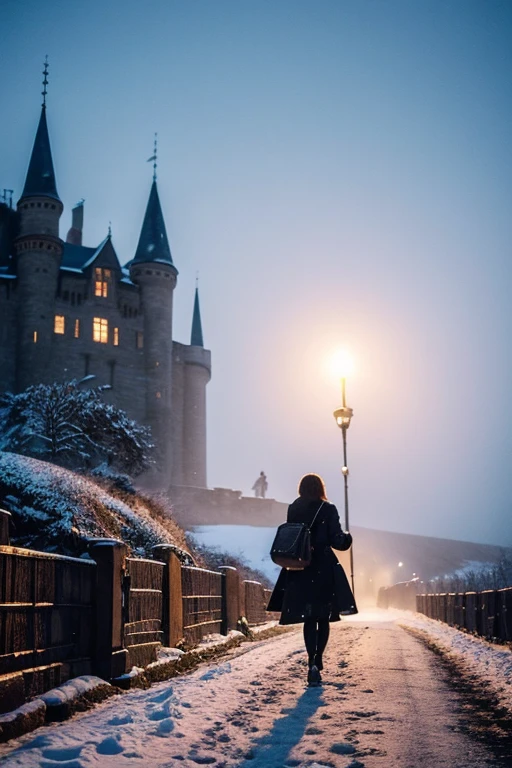 Highest quality、masterpiece、8k、Europe、In the snow、A road to a castle、(((Europeの大きな城)))、(((Fantastic landscape)))、Snow is falling、A young woman heading towards the castle、Back view、French、so beautiful、very detailed face、22 years old、Snow is piled up all over the place、((The snow on the road is deep))、The woman is carrying a large brown bag、middle agesの服、long black coat、middle ages、(((There&#39;s a fog all around)))、evening、The castle lights come on