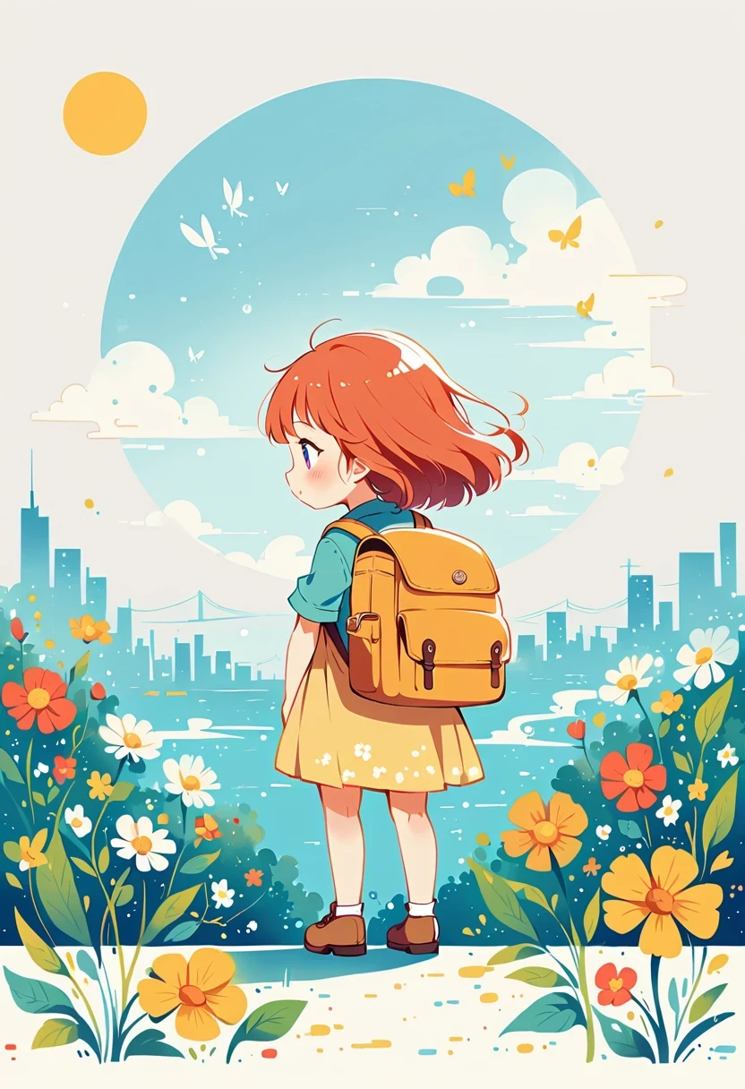 Stand on the rooftop，Girl with backpack on rooftop，The backpack is filled with happy spring，Simple lines，Minimalism，abstraction，City background