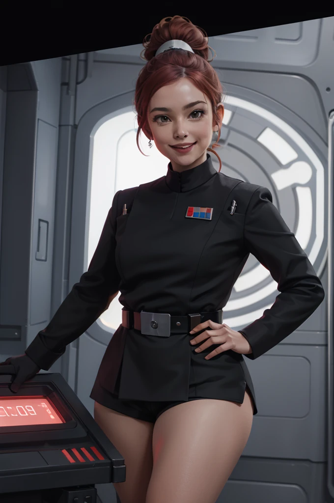 high quality, Half-length portrait, 1 Girl, beautiful, aldult, Curvy beauty, Ponytail Dark Red Hair, Wear shorts, The Imperial Officer in the Starship Laboratory, Restore face, Smile Emotion
 