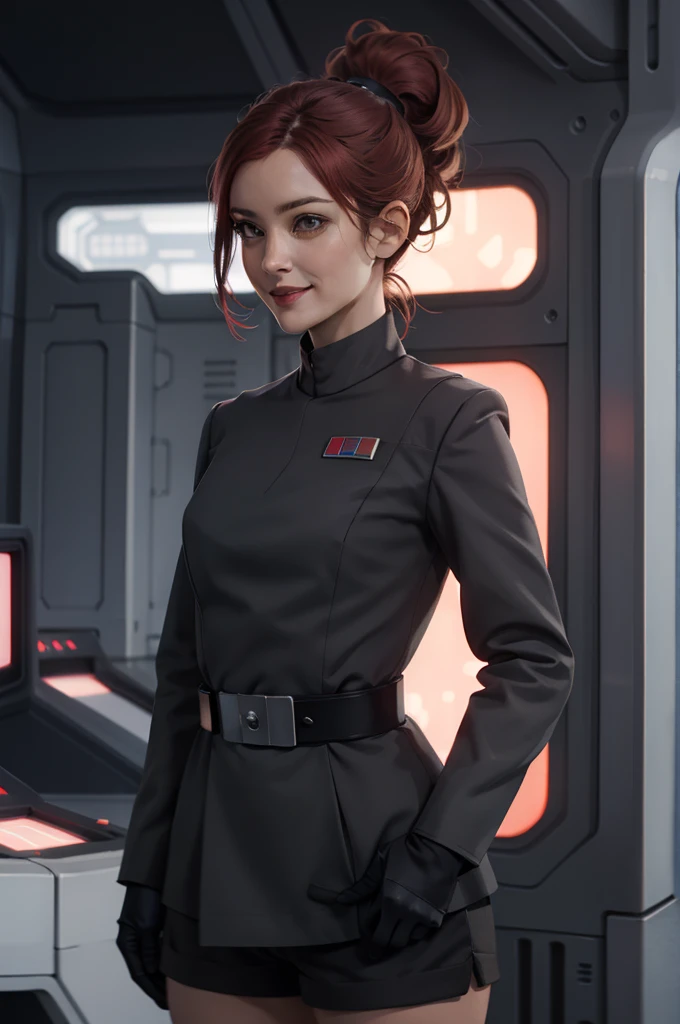 high quality, Half-length portrait, 1 Girl, beautiful, aldult, Curvy beauty, Ponytail Dark Red Hair, Wear shorts, The Imperial Officer in the Starship Laboratory, Restore face, Smile Emotion
 