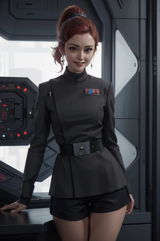 high quality, Half-length portrait, 1 Girl, beautiful, aldult, Curvy beauty, Ponytail Dark Red Hair, Wear shorts, The Imperial Officer in the Starship Laboratory, Restore face, Smile Emotion
 