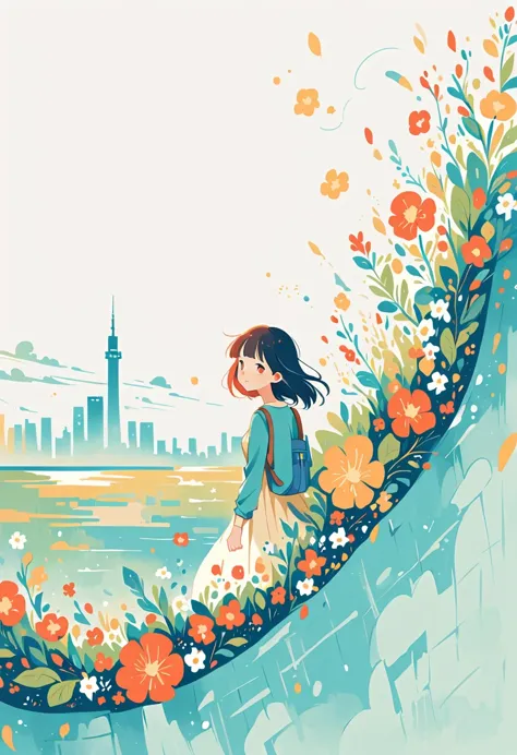 Stand on the rooftop，Girl with backpack on rooftop，The backpack is filled with happy spring，Simple lines，Minimalism，abstraction，City background