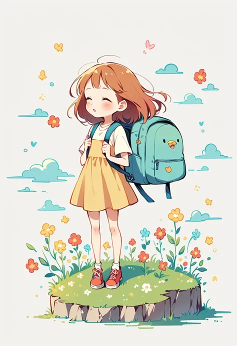 Standing on the tongue of heaven，Girl with backpack on rooftop，The backpack is filled with happy spring，Simple lines，Minimalism，abstraction，Lots of white space