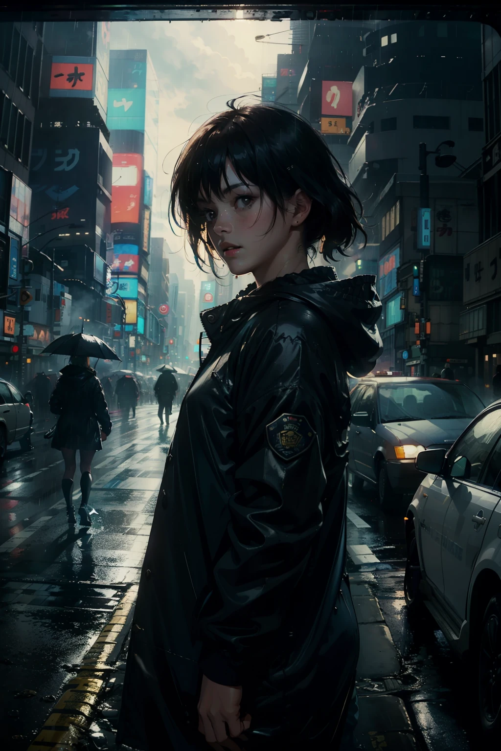 ((mais alta qualidade)), ((obra de arte)), (estar familiarizado com), (alta definição), (preciso), (realista), (Cinematic), (Melhor sombra), (baixo contraste), (8K), Rosto Perfeito, ((Estilo Syd Mead)), manga、design de mangá、Roteiro、Divisão de quadros、Uma mulher parada no meio de um cruzamento, (Replicante), (mundo humano artificial), usando capa de chuva、Usando um capuz、olhos vazios、Travessia de Shibuya, Lá&#39;para o policial、O carro está atolado、congestionamento, congestionamento, NEO TÓQUIO, A.D.2051, (vapor:1.2), Está chovendo branco, noite, O céu está alaranjado, (Close do rosto)、tiro no busto