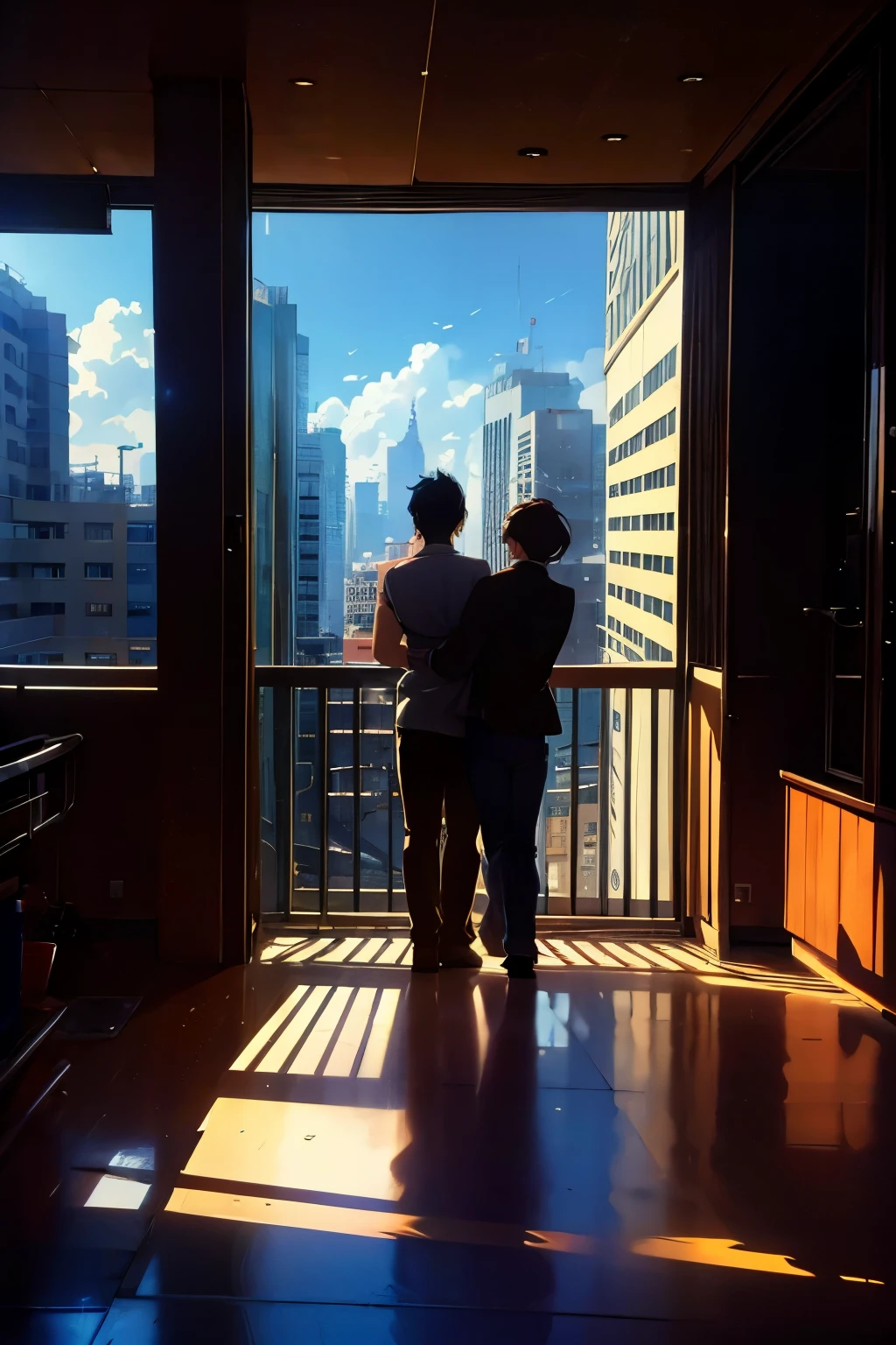 with wide angle lens, with horizontal screen,The room was bare, with no furniture or luggage, and the balcony had a balcony with silhouettes of buildings in the Shinjuku subcenter in the distance, and the afternoon sun was shining in through the windows. Two young men are smoking cigarettes and one is hugging the other from behind , humor,comic style,bold lines,