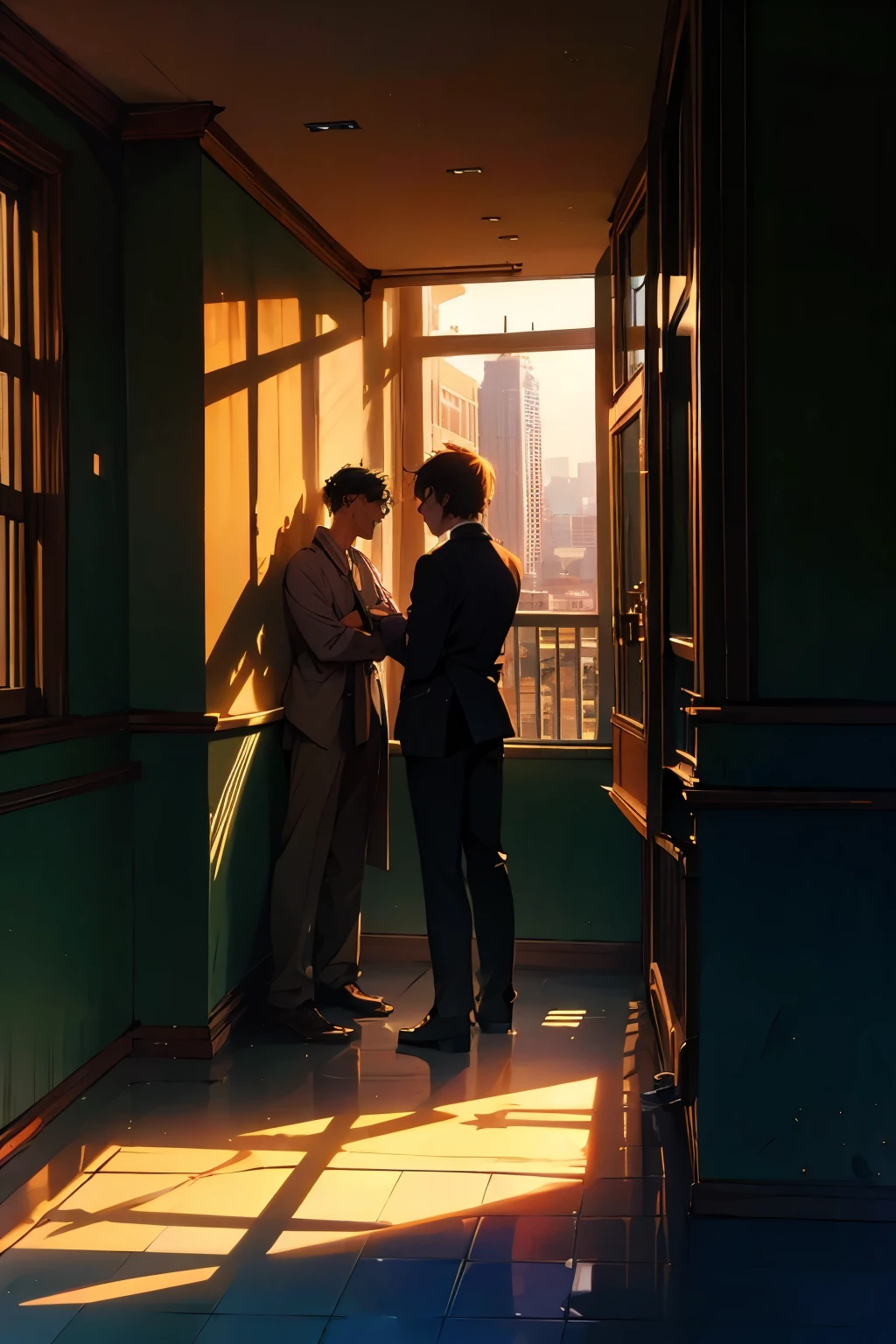 with wide angle lens, with horizontal screen,The room was bare, with no furniture or luggage, and the balcony had a balcony with silhouettes of buildings in the Shinjuku subcenter in the distance, and the afternoon sun was shining in through the windows. Two young men are smoking cigarettes and one is hugging the other from behind , humor,comic style,bold lines,