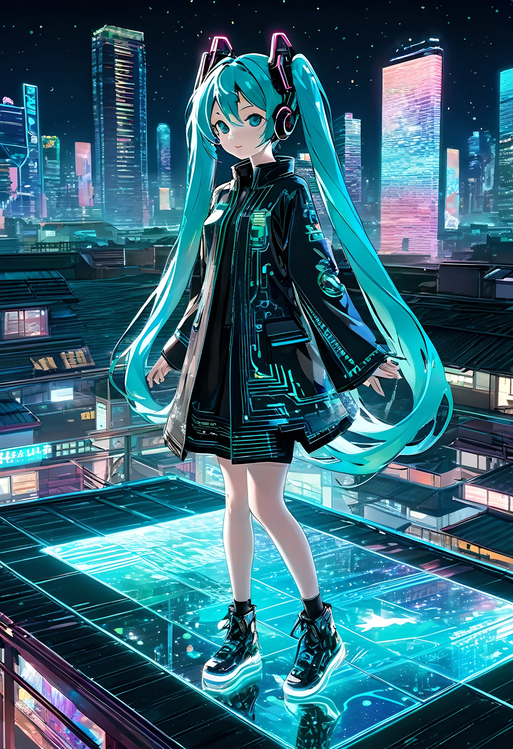 Person Standing on the Rooftop, (Transparent Hologram Woman, Holographic Projection:1.3), (transparent Hatsune Miku standing on roof:1.3), detailed face, (Hatsune Miku in a cyberpunk-inspired outfit: neon colors, metallic accents, and high-tech gadgets), Fantasy, Hatsune Miku made of light particles:1.3, (Light particles emitted from the feet: 1.5), Realistic, Mystical:1.3, dancing groovily to music, Dynamic, (Japanese residential area:1.3), Neon glow lighting, Digital artwork:1.3, Masterpiece, Best quality, intricate details, 8k
